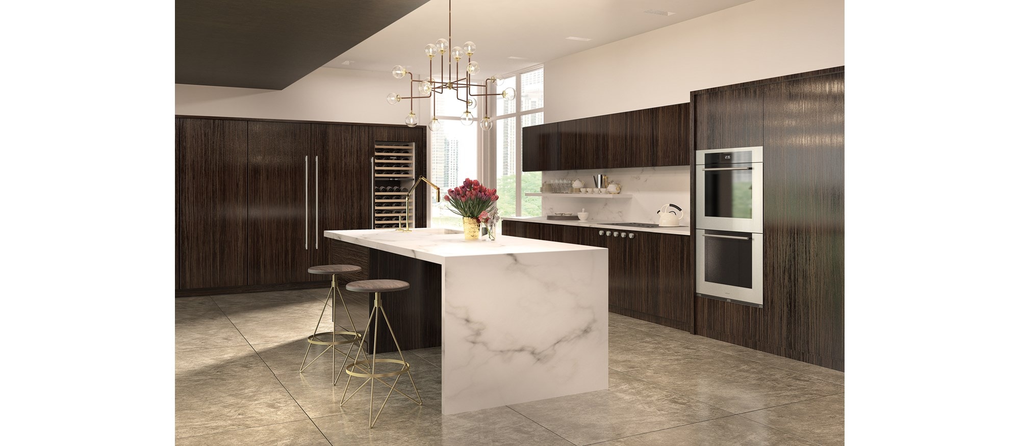 Le four double Wolf 30 po série M de style transitionnel (DO30TM/S/TH) est doté d'une surface de cuisson au gaz Wolf 36 po de style contemporain (CG365C/S)