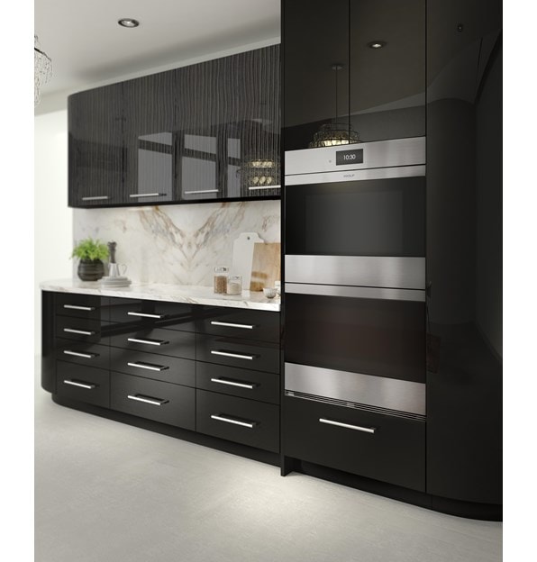 Le four double Wolf Série M 30 po en acier inoxydable de style contemporain (DO30CM/S) se fond parfaitement dans les armoires de cuisine modernes et brillantes.