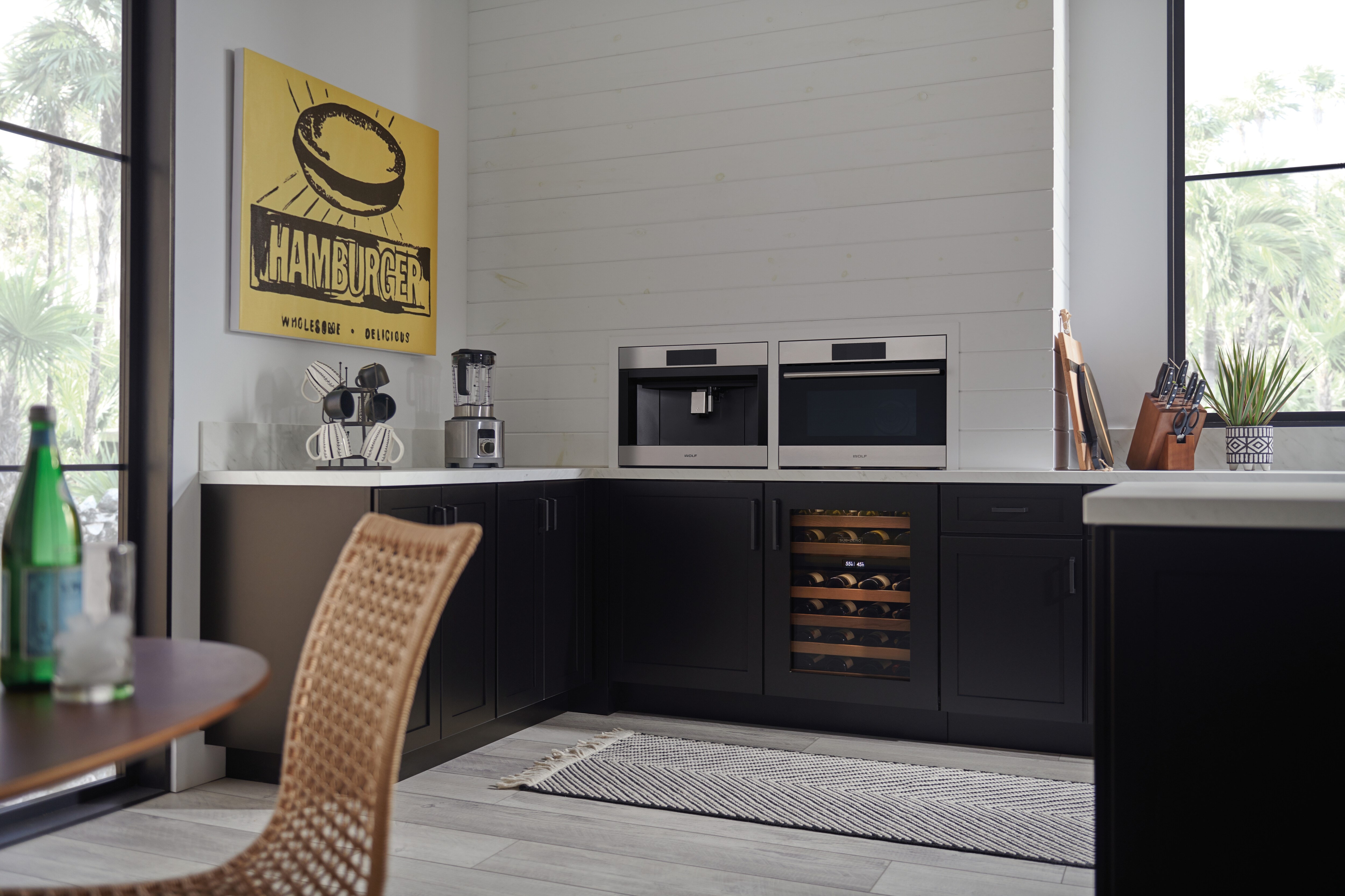 California green kitchen with a Designer series undercounter, a Wolf coffee maker, and a traditional Wolf speed oven