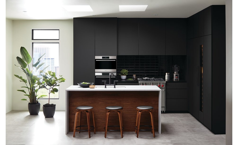 Four à convection-vapeur de style transitionnel de Wolf Série E 24 po (CSO2450TE/S/T) entouré d'armoires noires dans une cuisine d'appartement éclairée par le soleil