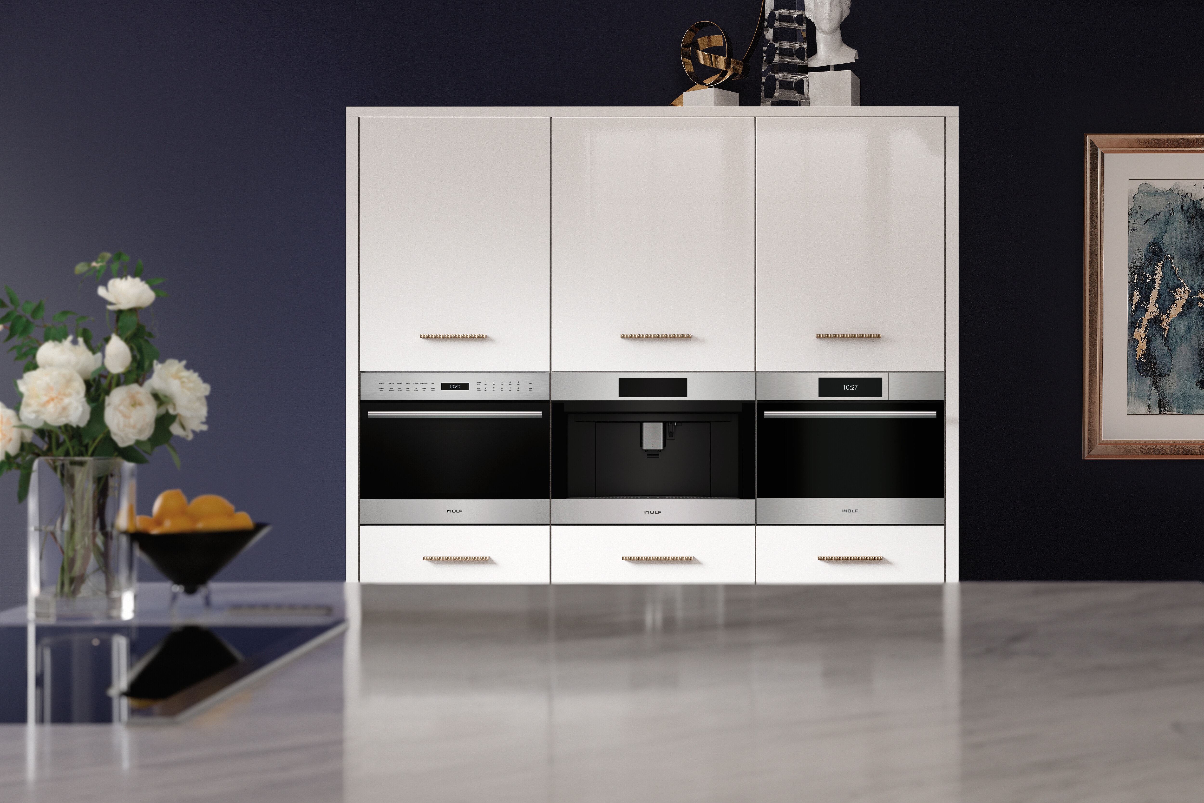 Four à vapeur de style contemporain en acier inoxydable de Wolf Série M 24 po avec arrivée d'eau (CSOP2450CM/S) exposé dans de robustes armoires noires aux côtés de comptoirs en granit bleu Volga