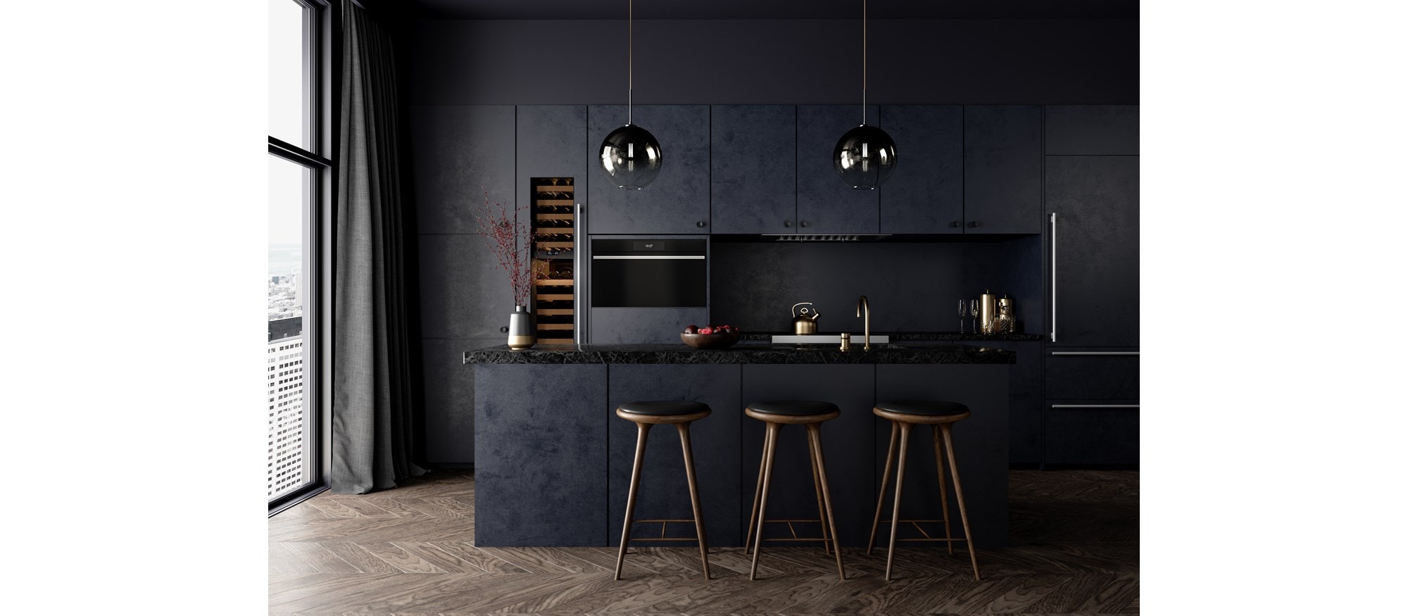 Four à convection-vapeur de style contemporain de Wolf Série M 30 po avec arrivée d'eau (CSOP3050CM/B/T) illustré dans une cuisine d'appartement avec armoires personnalisées bleu foncé nuageux