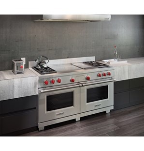 The Wolf 60" Dual Fuel Range 4 Burner Infrared Griddle French Top (DF604GF) with Wolf 60" Pro Wall Hood - 24" Depth (PW602418)