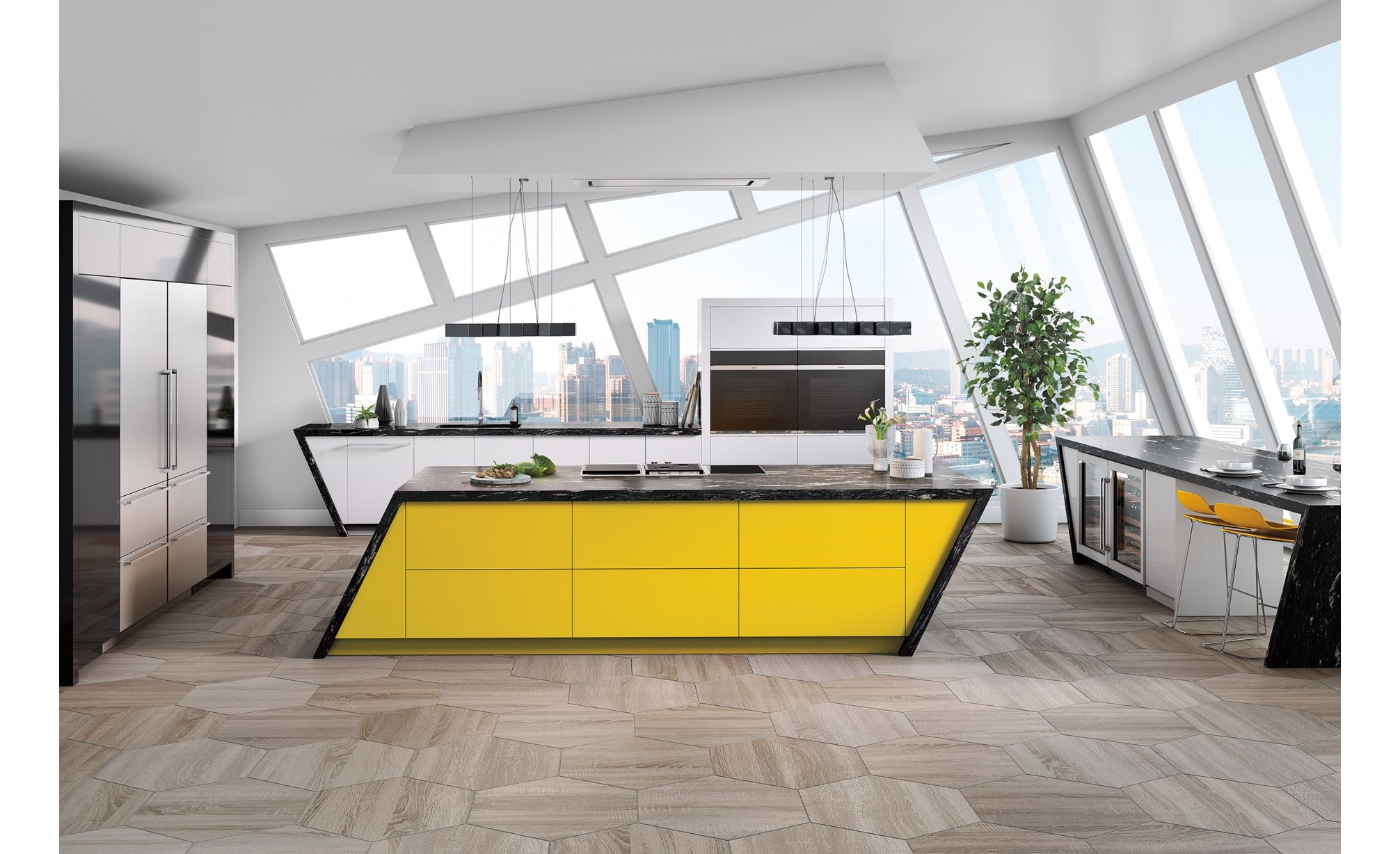 Hotte installée au plafond Wolf de 48 po - acier inoxydable (VC48S) présentée dans un espace de cuisine ouverte art déco offre des possibilités de conception illimitées