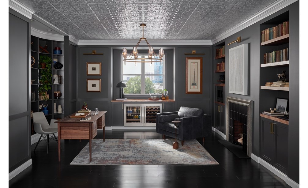 Sub-Zero 24" Designer Undercounter ADA Height Beverage Center - Panel Ready (DEU2450BG/ADA) with contrasting stainless steel and black cabinetry in home office