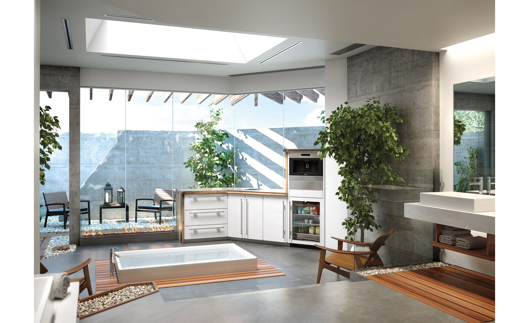 The Sub-Zero 24" Undercounter Beverage Center Panel Ready (UC- 24BG/O) displayed in the center of an open modish design.
