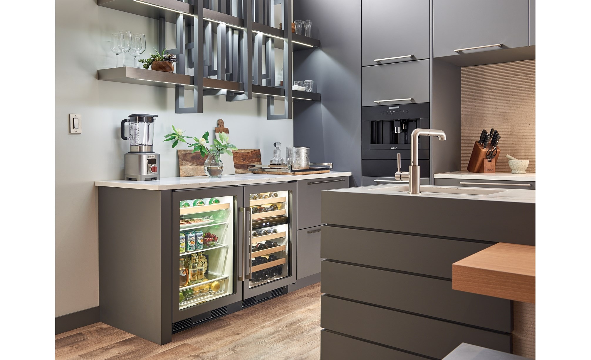 Sub-Zero 24" Undercounter Wine - Panel Ready (UW-24/O) shown with Wolf 24" Coffee System - Black (EC24/B)