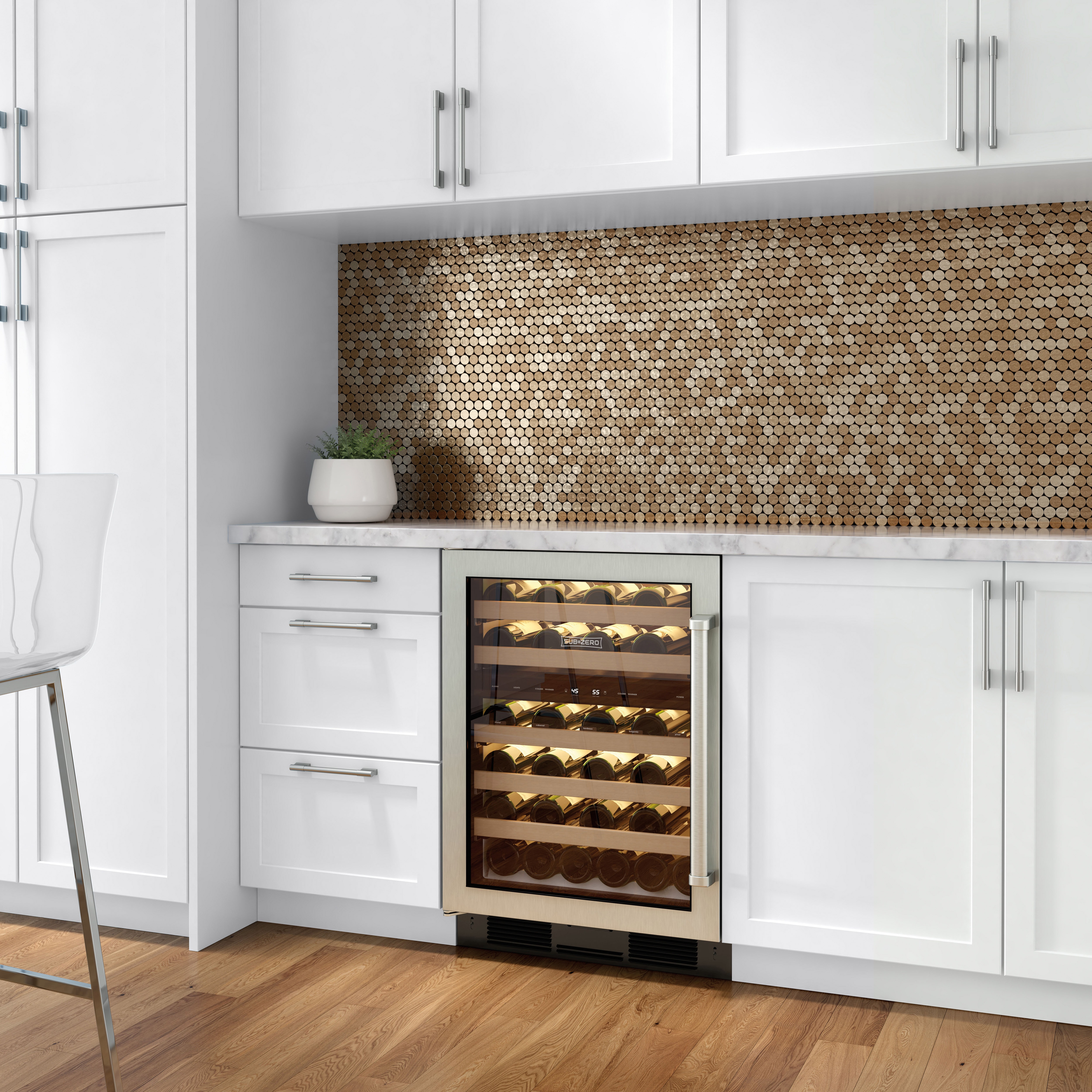 Sub-Zero 24" Undercounter Wine (UW-24/S) shown blending seamlessly within a clean kitchen design