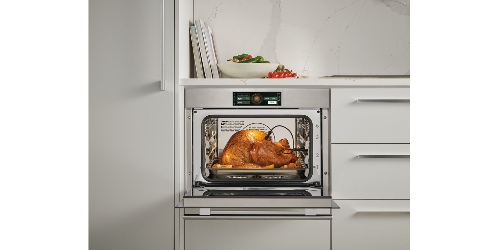 Wolf E Series Transitional Convection Steam Oven (CSOP2450TE/S/T) shown taking all of the guesswork out of cooking thanks to intelligent gourmet cooking modes.