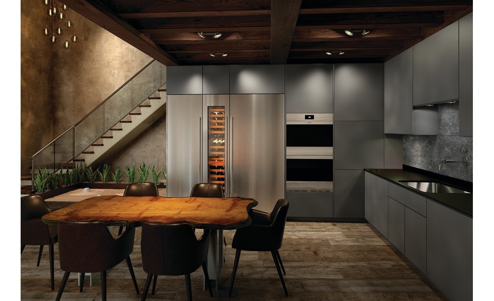 Le four double en acier inoxydable Wolf 30 po série M de style contemporain (DO30CM/S) présenté dans un style de cuisine de style européen classique et ultra-moderne.