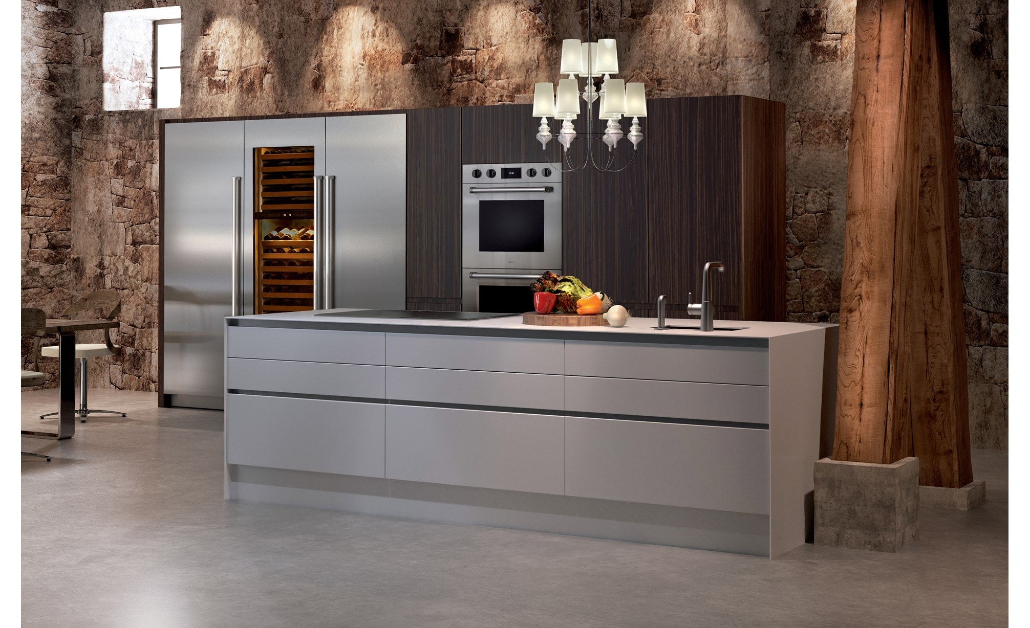 Le four double professionnel Wolf série M 30 po (DO30PM/S/PH) s’intègre parfaitement dans un style de conception de cuisine rustique minimaliste