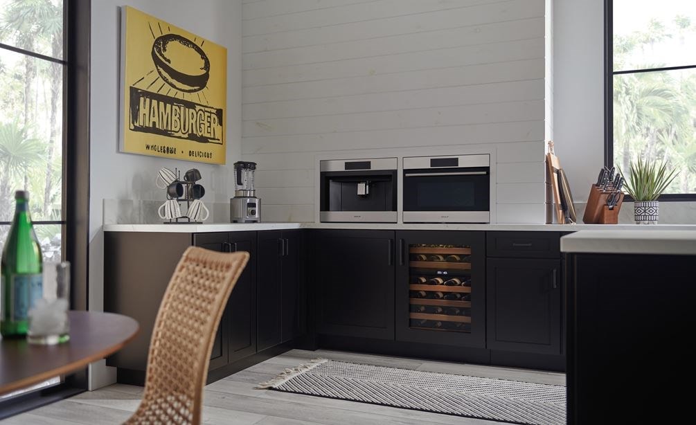 California green kitchen with a Designer series undercounter, a Wolf coffee maker, and a traditional Wolf speed oven
