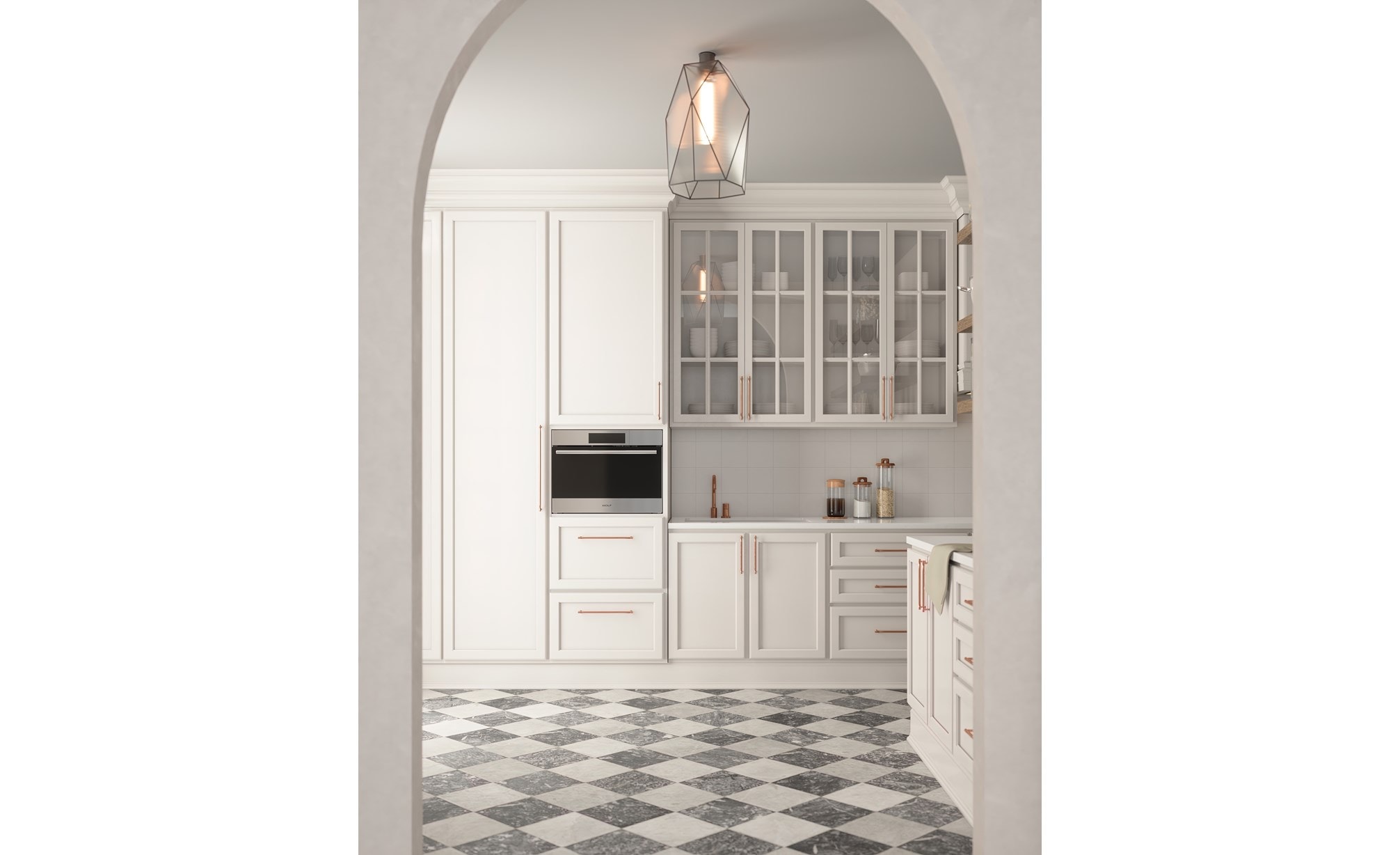 Four à convection-vapeur de style transitionnel Wolf Série E 30 po  (CSOP3050TE/S/T) exposé dans une cuisine ombragée de blanc montrée à travers une porte voûtée