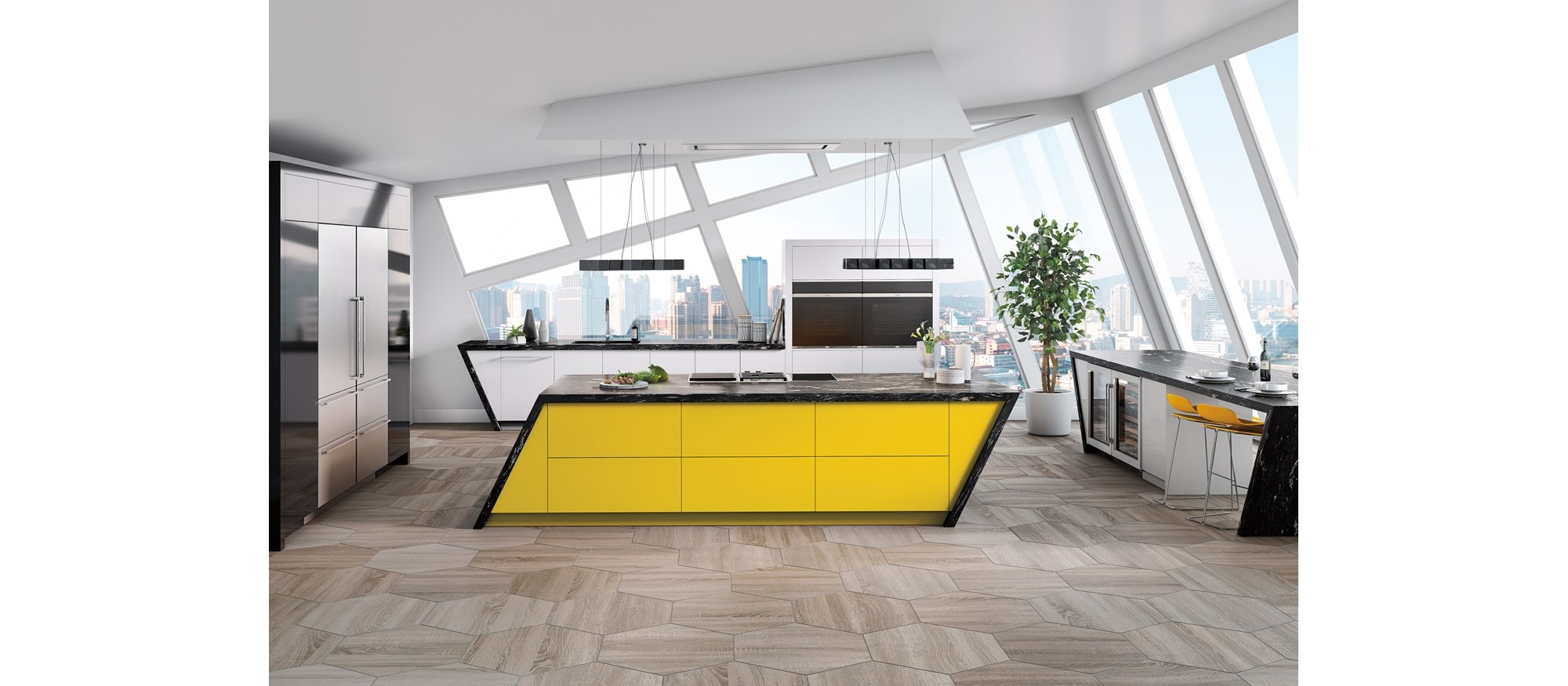 Hotte installée au plafond Wolf de 48 po - acier inoxydable (VC48S) présentée dans un espace de cuisine ouverte art déco offre des possibilités de conception illimitées