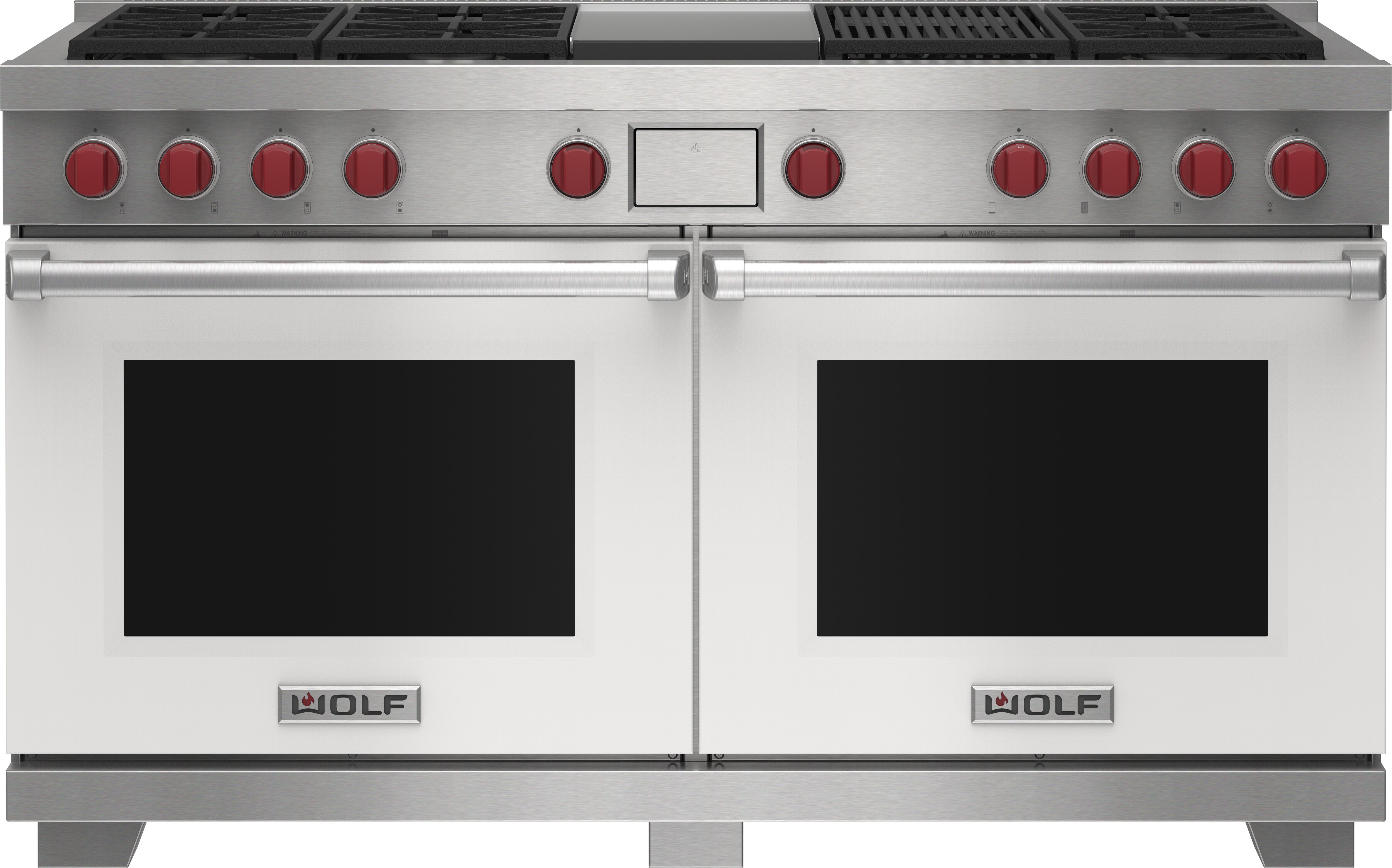 Wolf 60&quot; 6 Burner Dual Fuel Range with Infrared Charbroiler and Griddle (DF60650CG/WH/P) featuring white accent colored door and signature red Wolf knobs.