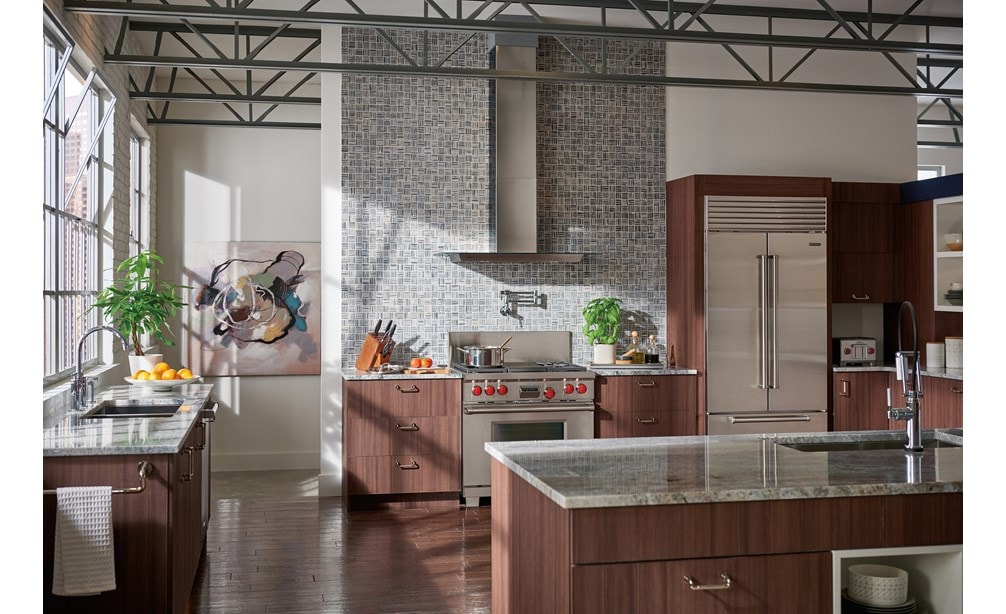 The Wolf 36" Dual Fuel Range 4 Burner Infrared Charbroiler (DF364C) with Wolf 45" Cooktop Wall Hood (VW45G)